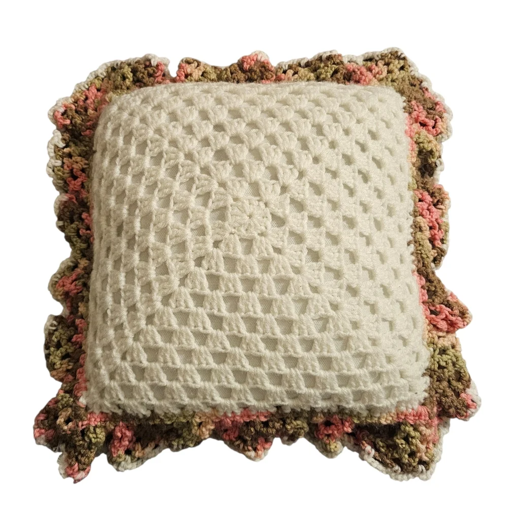 Crocheted Ruffle Throw Accent Pillow Vintage Floral Romantic Bedroom Decor